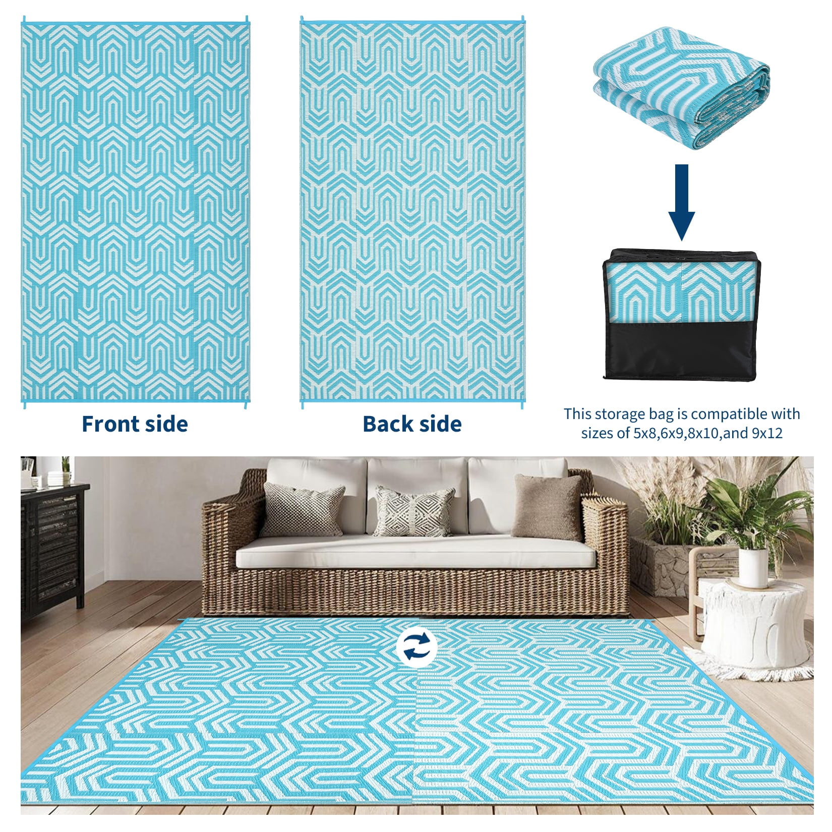 HIWEAVER 9' x 18' Light Blue Outdoor Rug PP Plastic Straw Woven Waterproof Patio Rug with Border Portable Outside Carpet for Balcony Deck Picnic Garden Decor