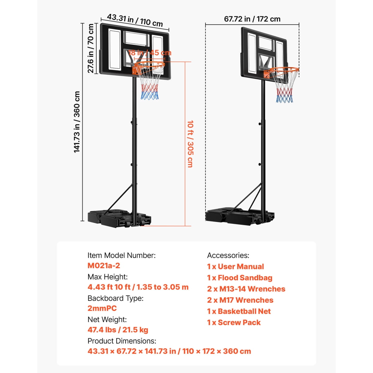 ZHICHUN Portable Basketball Hoop 4.4-10ft Height Adjustable Rolling Wheels Black for Driveway & Pool