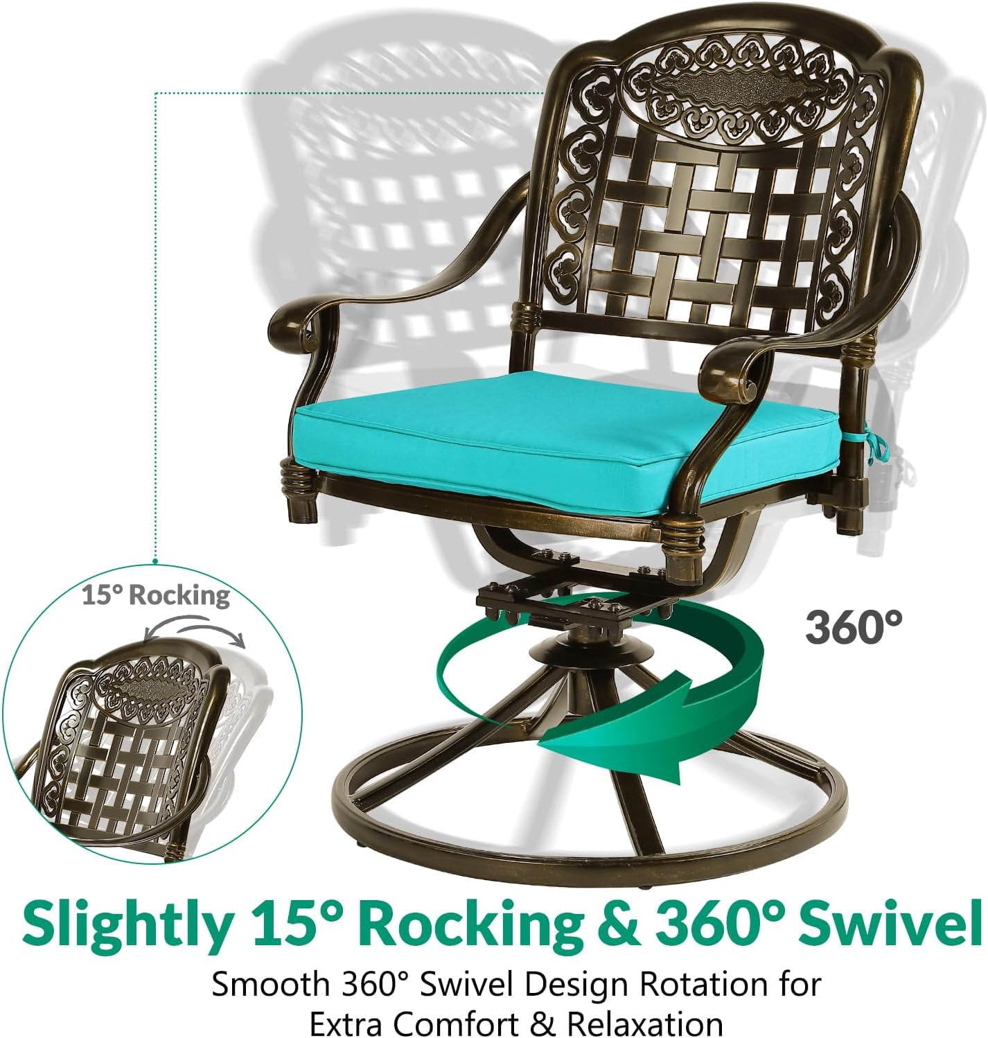 VIVIJASON 9-Piece Outdoor Furniture Dining Set, Rust-Free Cast Aluminum Patio Conversation Set, Include 8 Swivel Dining Chairs & 61" Round Dining Table with 31" Lazy Susan, Umbrella Hole, Ocean Blue