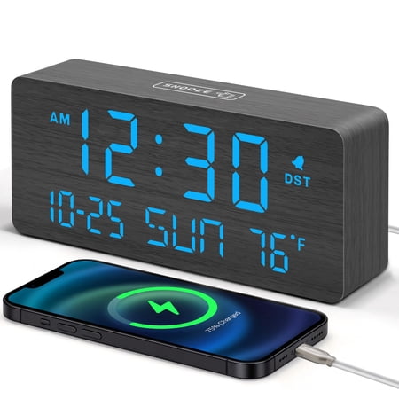 DreamSky Wooden Digital Alarm Clocks for Bedrooms - Living Room Desk Clock with Date and Day of Week, Temperature, USB Port, Dimmer Wheel, Adjustable Volume, Auto DST, Wood Decor for Office Table