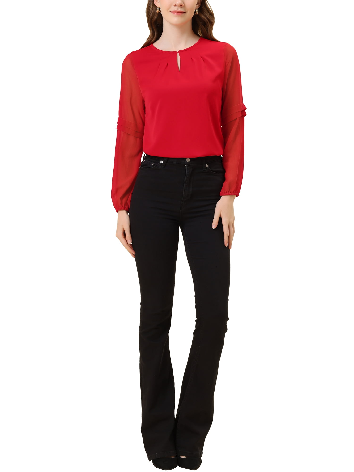 DARING DIVA Chiffon Semi Sheer Long Sleeves Keyhole Neck Blouse M Red