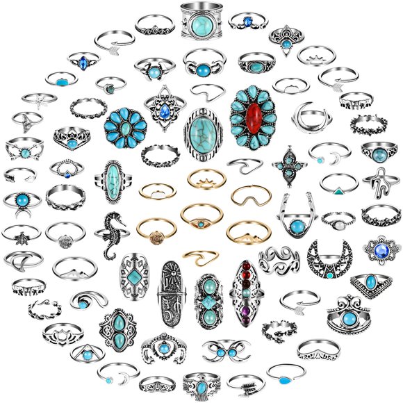 Juego de anillos Kigeli Vintage Turquesa, 78 unidades, chapados en plata, para mujer
