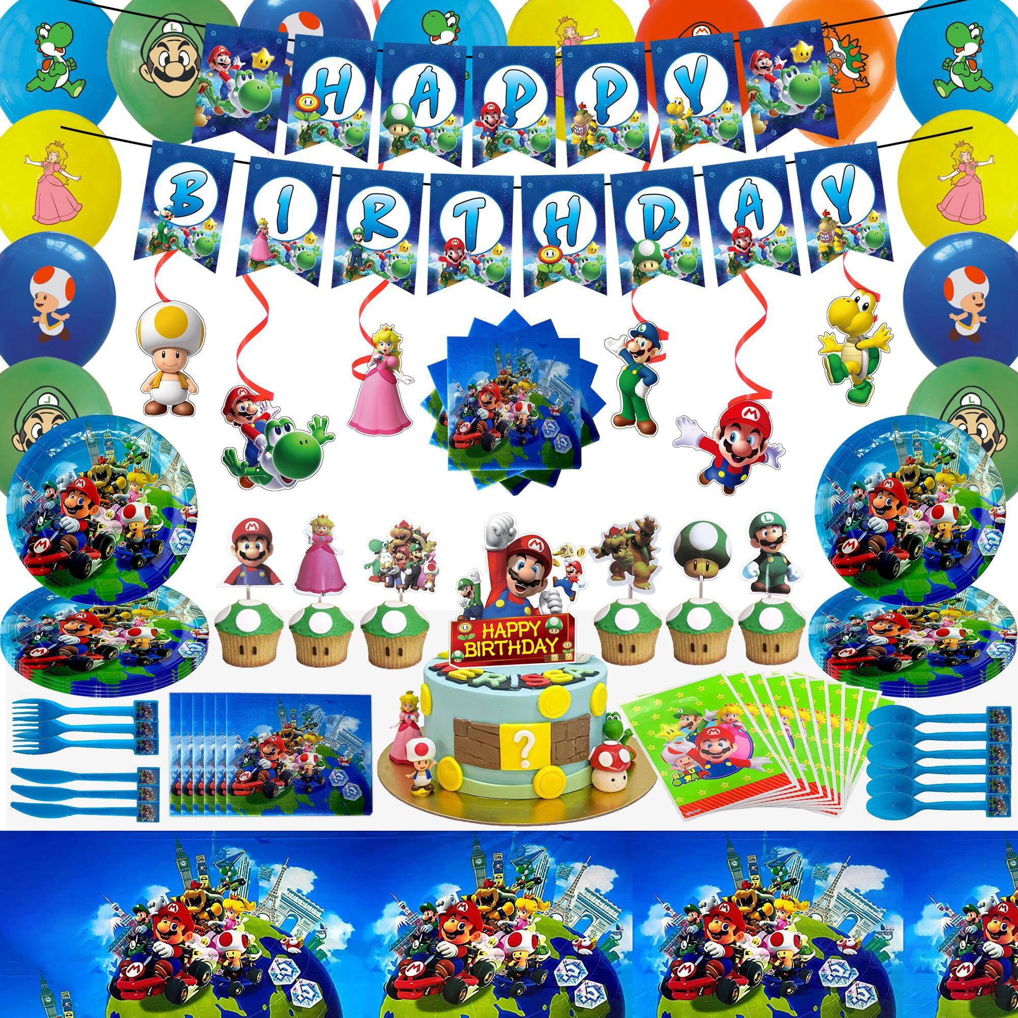 Cupcake Toppers Tablecover Yakemmer Super Mario Birthday Party Supplies Included Banners Hanging Swirls and Balloons for Party Supplies Cake Topper 