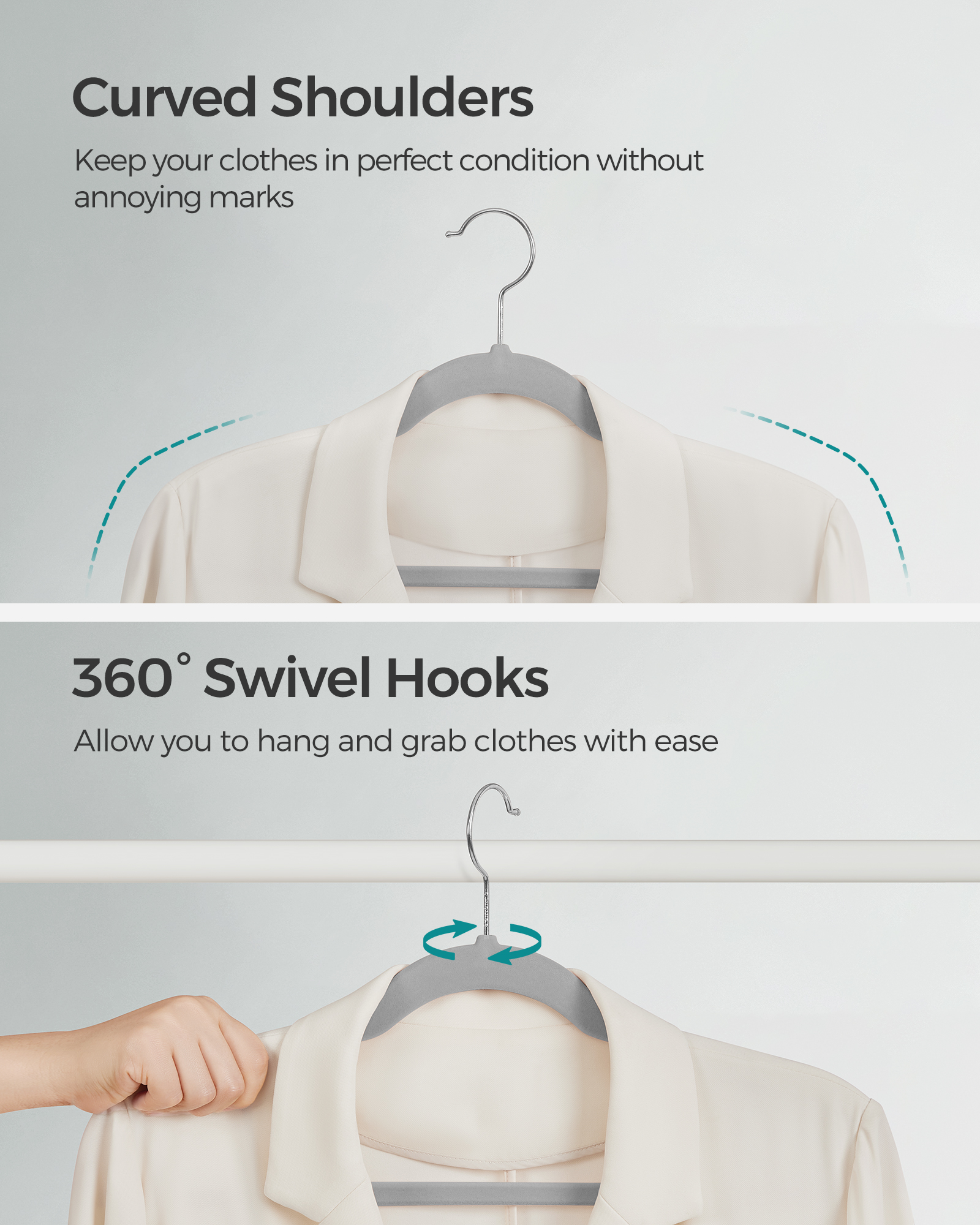 50-Pack Velvet Non-Slip Hangers with 360° Swivel Hook, Pants Bar & Shoulder Notches, Space Saving Closet Organizers, Dove Gray