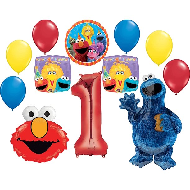 sesame street party supplies 1st birthday cookie monster elmo and friends balloon bouquet 1 34 giant red number 1 shape foil balloon 1 20 elmo head foil by brand mayflower products walmart com