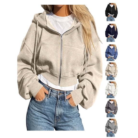 XRoczxe Women Solid‑Color Cropped Zip‑Up Hooded Jacket, Long Sleeve Drawstring Casual Short Hoodie Outerwear With Side Pockets