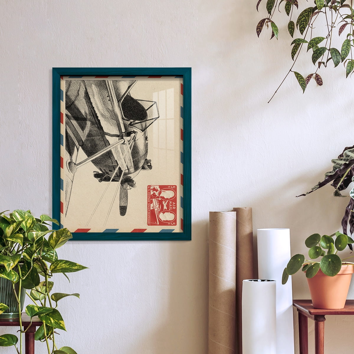 Vintage Airmail I -Framed Print w/glass-Ocean Blue