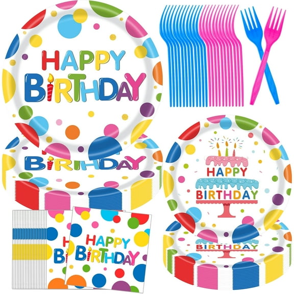 Jestar 96Pcs Birthday Party Supplies, Colorful Dots, Candle & Birthday Cake Paper Plates Napkins Set for Children, Baby Shower