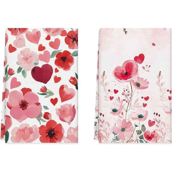 Watercolor Flowers Love Hearts Valentine’s Day Kitchen Towels Dish Towels 18x26 Inch Home Kitchen Decorations Hand Towels Set of 2 Drying Dishcloth