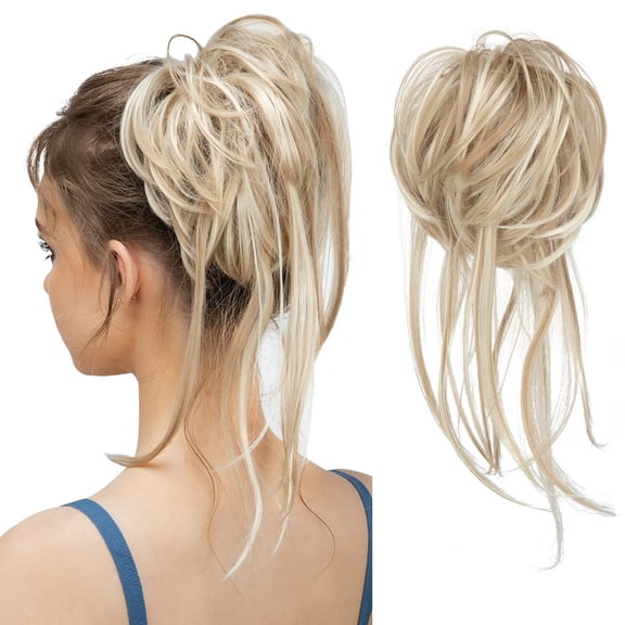 Messy Bun Hair Piece Curly Hair Bun Extensions with Straight Tails Synthetic Hair Scrunchies Ponytail Hairpieces for Women