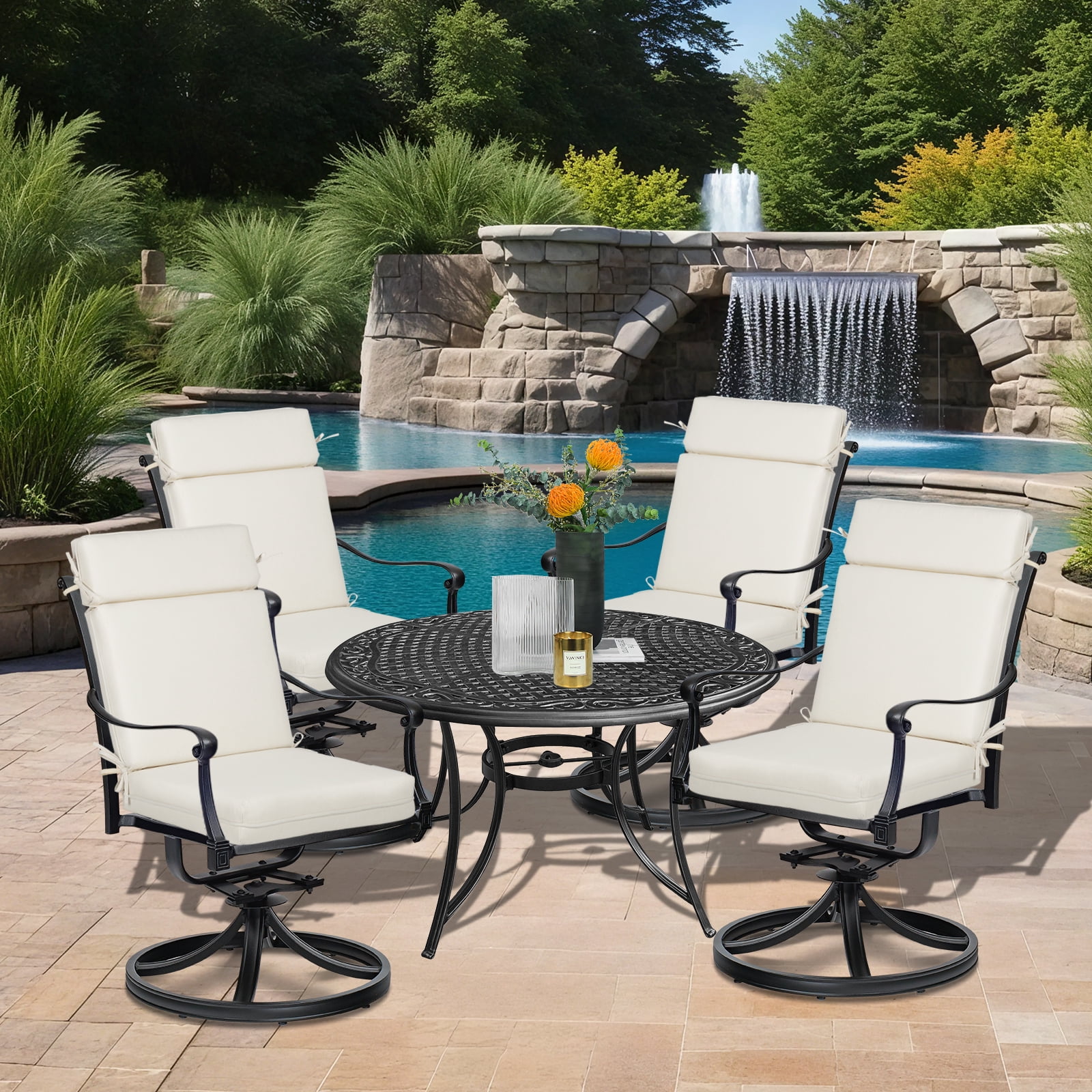 BPS Outdoor High Back Dining Chair Cushion Set, 44"x21"x3.2", TPU Water Repellent Coating&Stain Resistant, Polyester Fabric Cover with Ties and Zipper, Ivory, Set of 4