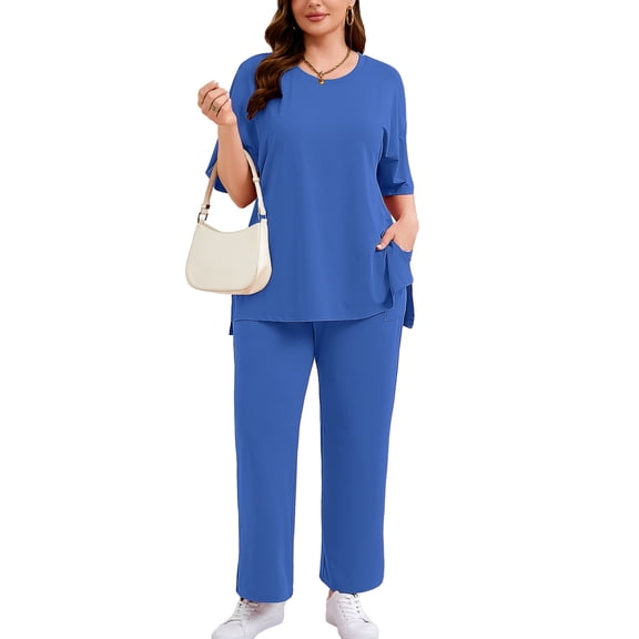 SHOWMALL Plus Size Travel Outfits for Women 2 Piece Lounge Set Comfy Airport Wear Short Sleeve Top & Pants Royal Blue 3X
