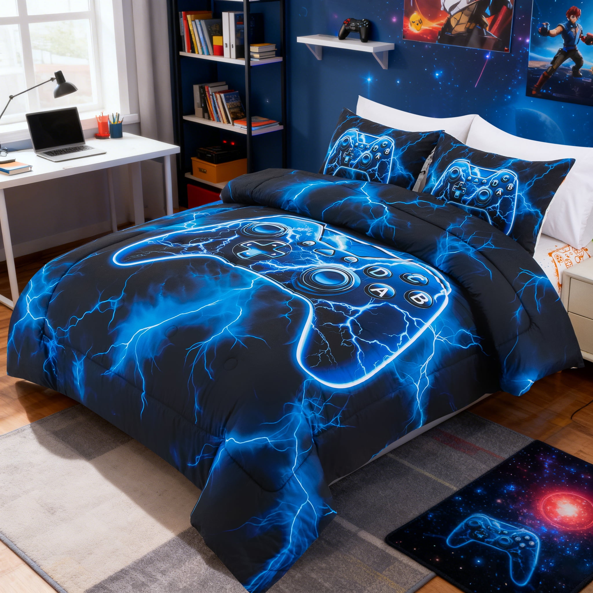 Btargot 3 Piece Gamer Boy Twin Comforter Set Blue Lightning Game Controller Print Kids Bedding Set