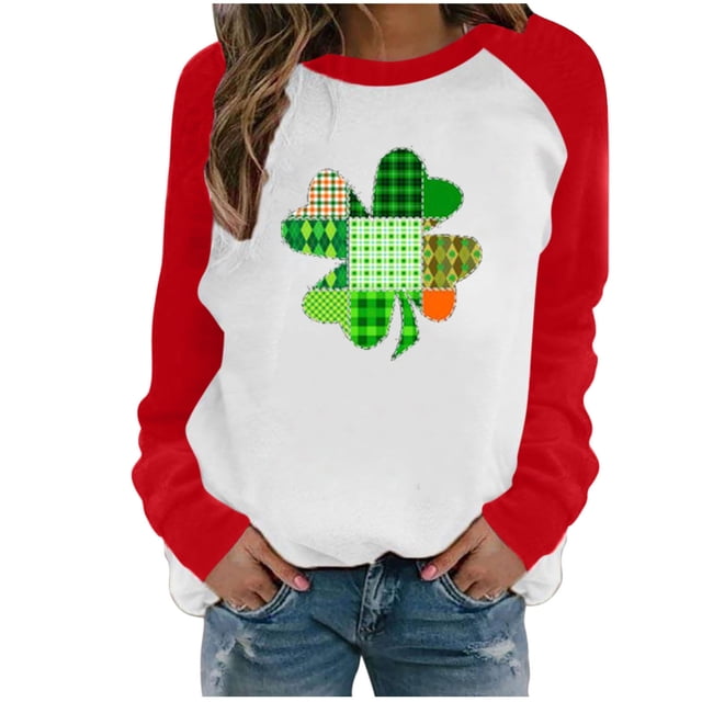 CEHVOM Women's Spring Patchwork St. Patrick's Day Printed Long Sleeves Round Neck Casual Tee Tops