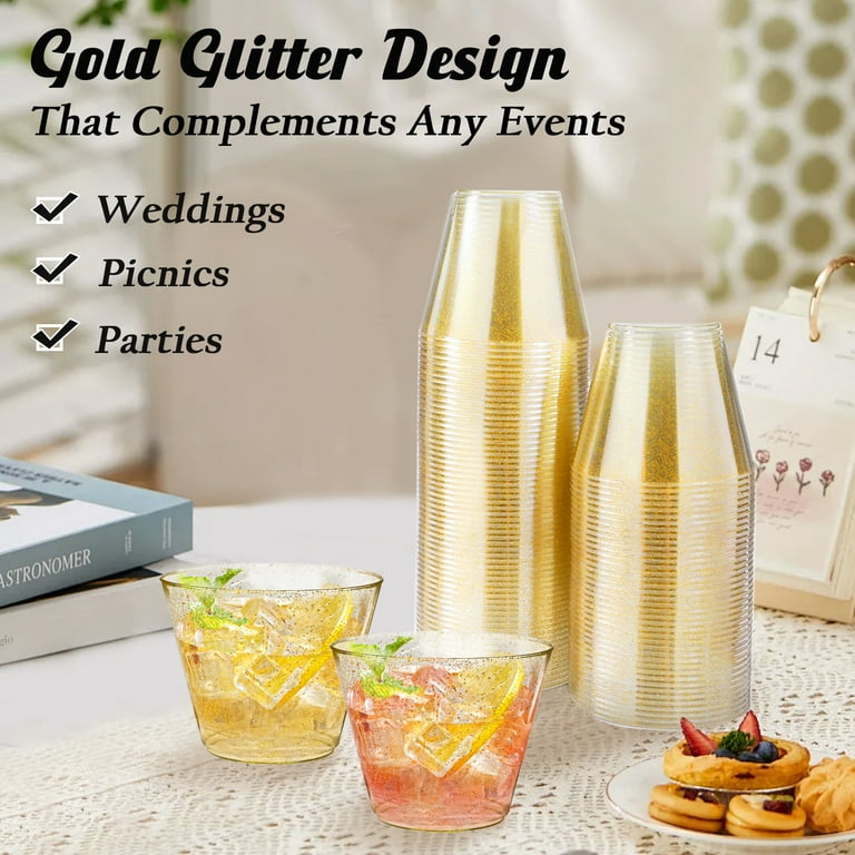 Lamosi Disposable Plastic Cups,Gold Glitter ,9 oz,100 Count