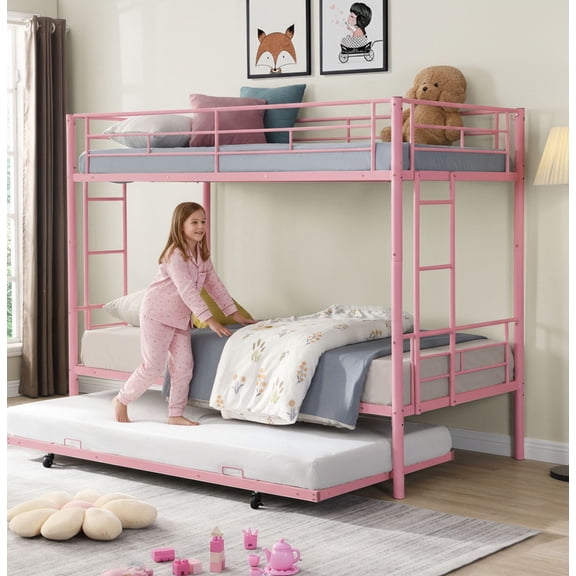Twin over Twin Bunk Bed with Trundle, SYNGAR Heavy Duty Metal Bed Frame with Safety Rail Side Ladders for Dormitory Bedroom,No Box Spring Needed, Pink