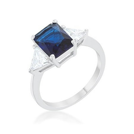 - Rhodium Plated Classic Engagement Ring With 4.5ct Sapphire Radiant Cut And Trillion Cut CZ Size 9