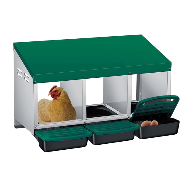 3-Hole Green Metal Chicken Nesting Box – Removable Tray, Roll-Away Egg Collection, Weatherproof Galvanized Steel, Easy Assembly & Cleaning, Hen Roosting Perch – Backyard Poultry Coop, Farm