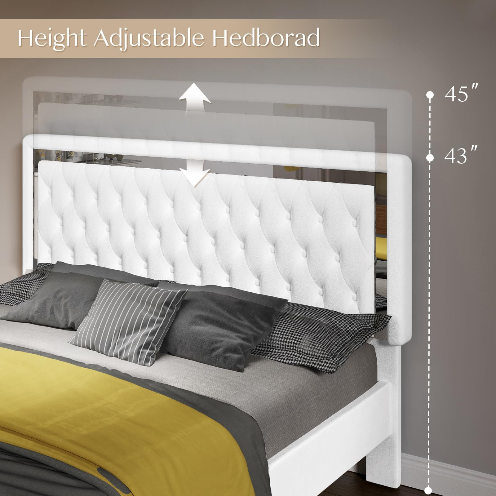 Merluxy Velvet Upholstered Bed Frame with LED Lights Headboard/No Box Spring Needed,Full,White