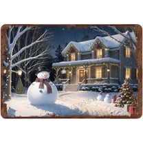 Vintage Aluminum Sign Funny Metal Sign Snowy House With Snowman Decor for Party Holiday Indoor Decor Christmas Decorations Outside Outdoor Christmas Yard Decoration 12"x8"