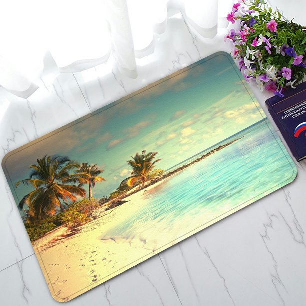 PHFZK Ocean theme Doormat, Beautiful Maldives Beach with Palms and Blue