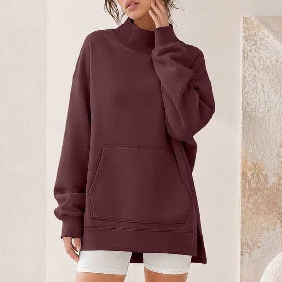 Dwellite Mock Neck Sweatshirt for Women Fall Turtleneck Long Sleeve Tops Oversized Pullover for Daily Wear,Sports,Going Out Deep Red XL