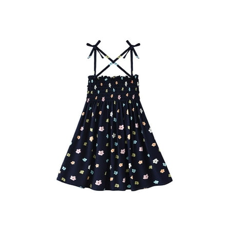

Seyurigaoka Girls Printed Sling Dress Large Hem High Waist Lace-up Dress
