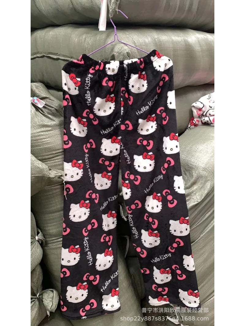 Sanrio Hello Kitty Pajamas Pants Black Flannel Women Kawaii Woolen