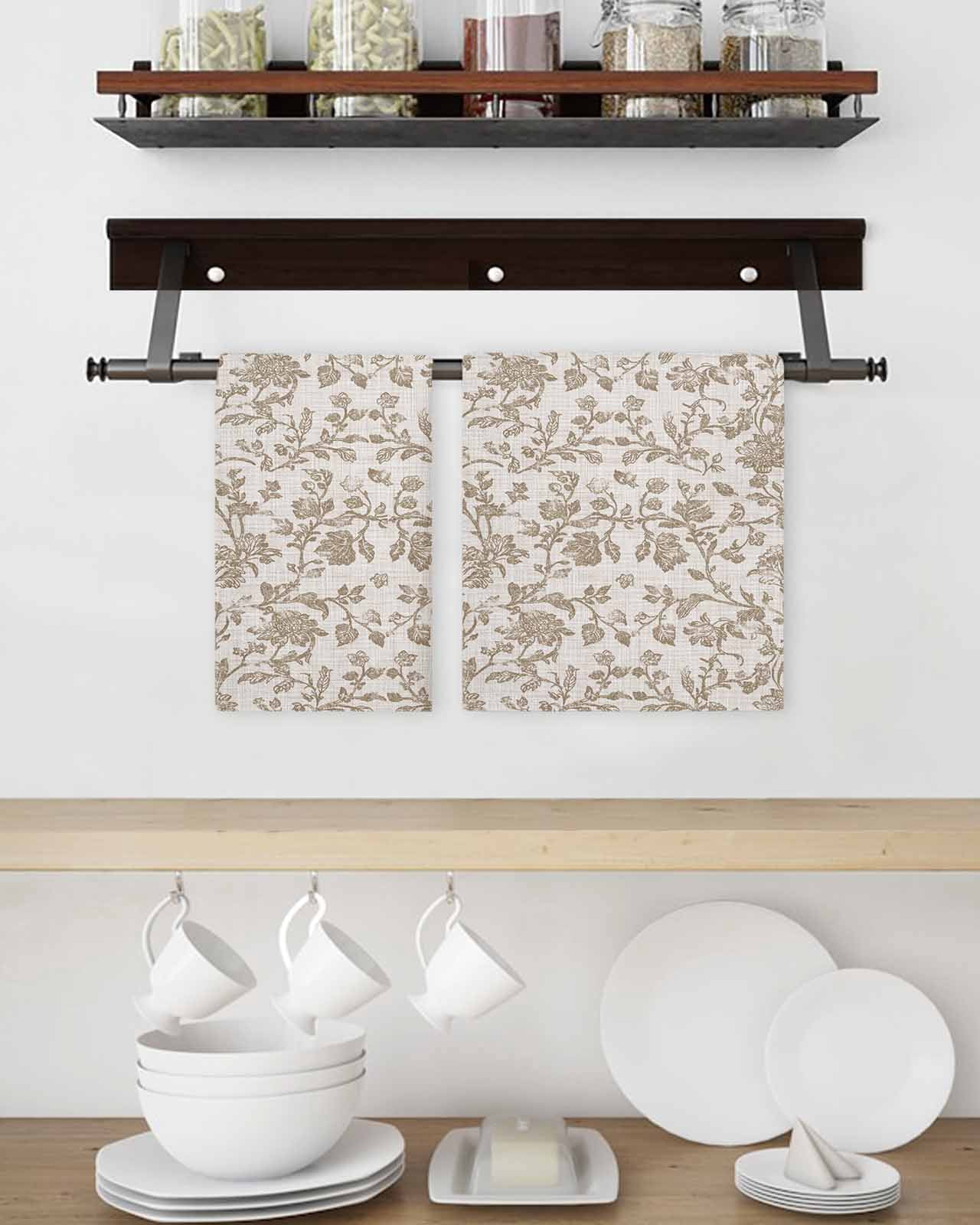 Farmhouse Khaki Hand Towels Set, Waffle Weave Kitchen Towels 3 Pieces, Vintage Flower Leaf Botanical Plant Microfiber Hair Face Bath Tea Towel Absorbent Quick Drying Cleaning Dish Cloths 15.7"x23.6"