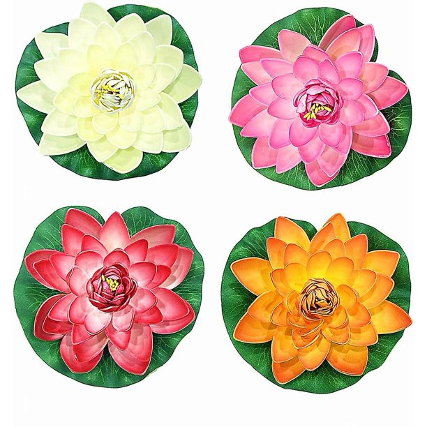 4 flores de loto artificiales de espuma flotante de 7 pulgadas para piscina, almohadillas de lirio de agua realistas, rosa marfil blanco naranja carmesí, perfecto para el hogar al aire libre Pati