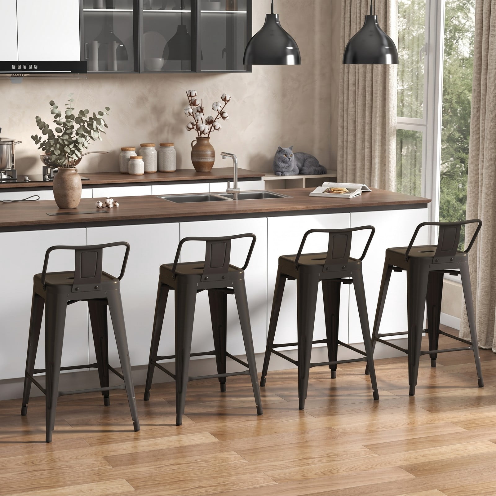 Furnibear 24 Inch Cafe Side Chairs Set of 4, Metal Bar Stools with Removable Backrest, Footrest and Rubber Feet, Stackable Counter Height Kitchen Chairs for, Gun Black