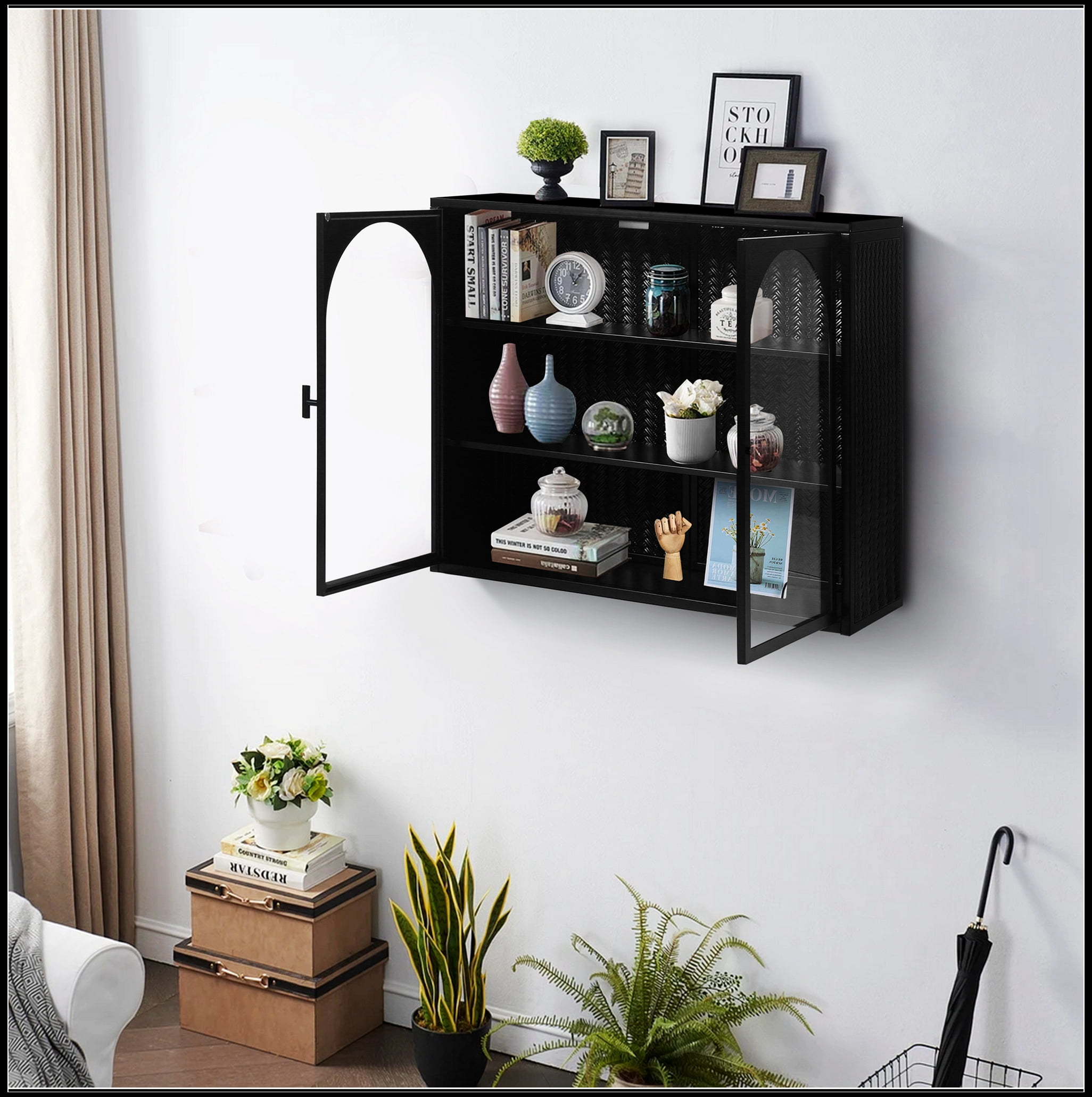 27.56"Glass Doors Modern Two-door Wall Cabinet with Featuring Three-tier Storage for Entryway Living Room Bathroom Dining Room,Wall Cabinet with Characteristic Woven Pattern,Black