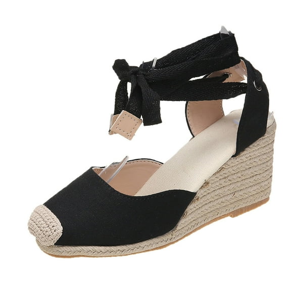 Anuirheih Summer New Solid Color Wedge French Strap Sandals Sandals Women (Black)
