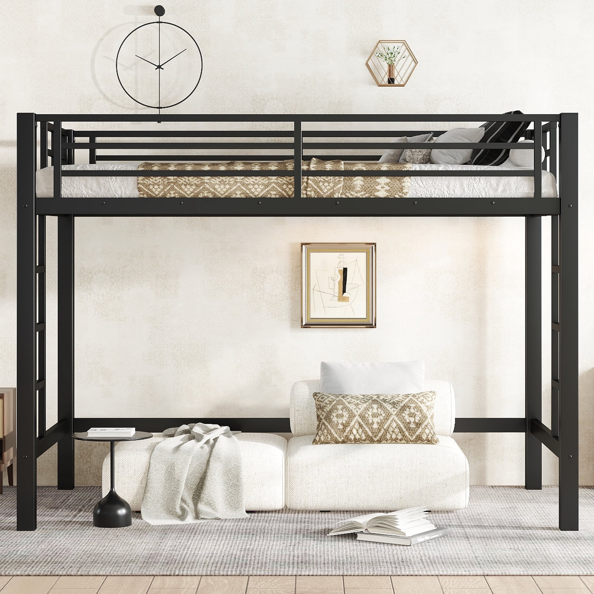 Mintazer Twin XL Metal Loft Bed with Dual Side Ladders & Guardrails for Bedroom Dorm, Black