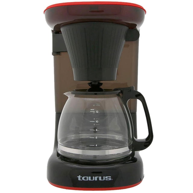 cafetera taurus 12 tazas velvet reacondicionado negro 33 OpenBox, vista frontal centrada de cafetera eléctrica negra con jarra de vidrio graduada de 12 tazas y asa negra, filtro lavable tipo cono visible, sistema anti goteo y placa calefactora en la base con logotipo Taurus; también suele usarse para preparar jarra previa para termo de viaje.