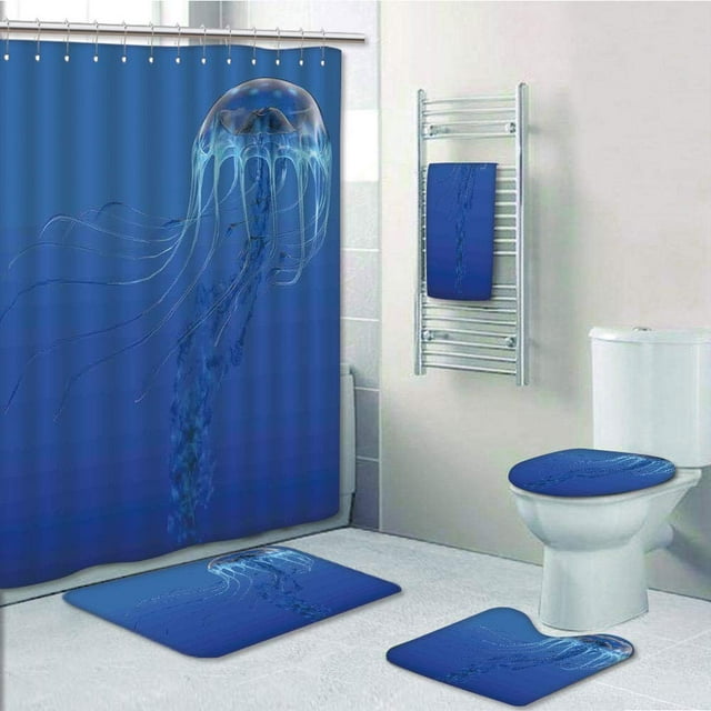 EREHome Jellyfish Spotted Jelly Fish Aquarium Life Marine Animals Ocean Predator in the Deep Water 5 Piece Bathroom Set Shower Curtain Bath Towel Bath Rug Contour Mat and Toilet Lid Cover