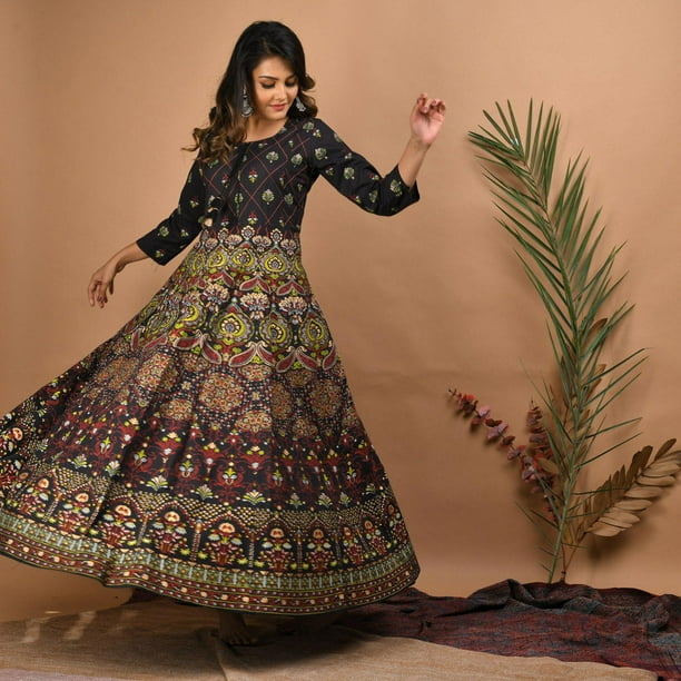 Women s Girls Wedding Party Gold Printed Indian Western Summer Girls Dress