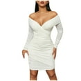 thumbnail image 3 of Oksale Sparkly Sequin Mini Dresses for Women off the Shoulder Sexy Deep V Neck Dress Slim Fit Mesh Dresses Soft Long Sleeve Dress for Party White M, 3 of 8