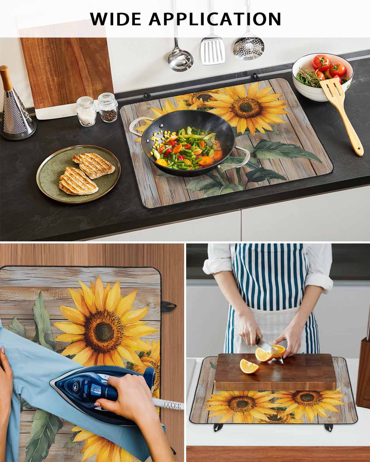 nqOlkjepod Large Induction Cooktop Protector Mat 24"x21", Summer Sunflower Stove Top Covers for Electric Stove, Vintage Wood Floral Botanical Rustic Stove Burner Cover Mats, Glass Top Stove Cover