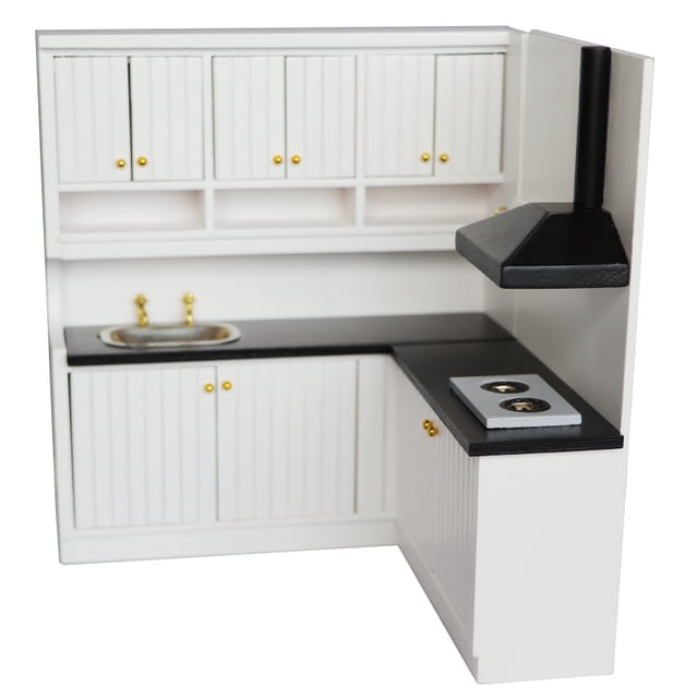 Juego de cocina en miniatura con forma de casa de muñecas a escala 1:12 de madera blanca