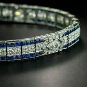 9Ct Round Cut Simulated & Sapphire Vintage Tennis Bracelet 14K White Gold Plated
