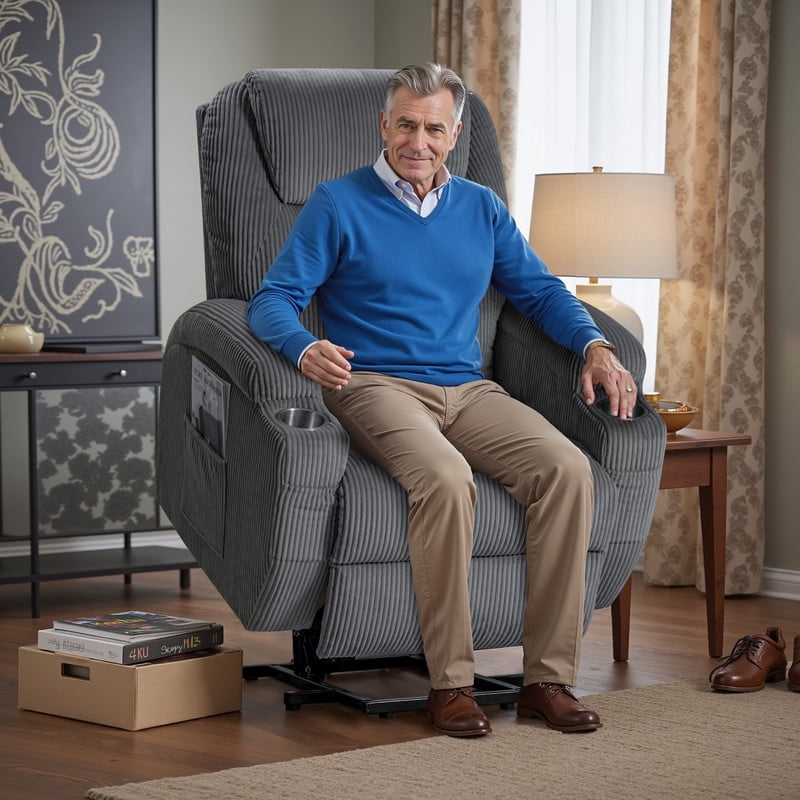 Homall Power Lift Massage Recliner Chair with Eight Vibrating Massages Ergonomic Chair with Side Pocket and Soft Corduroy for Living Room,Grey