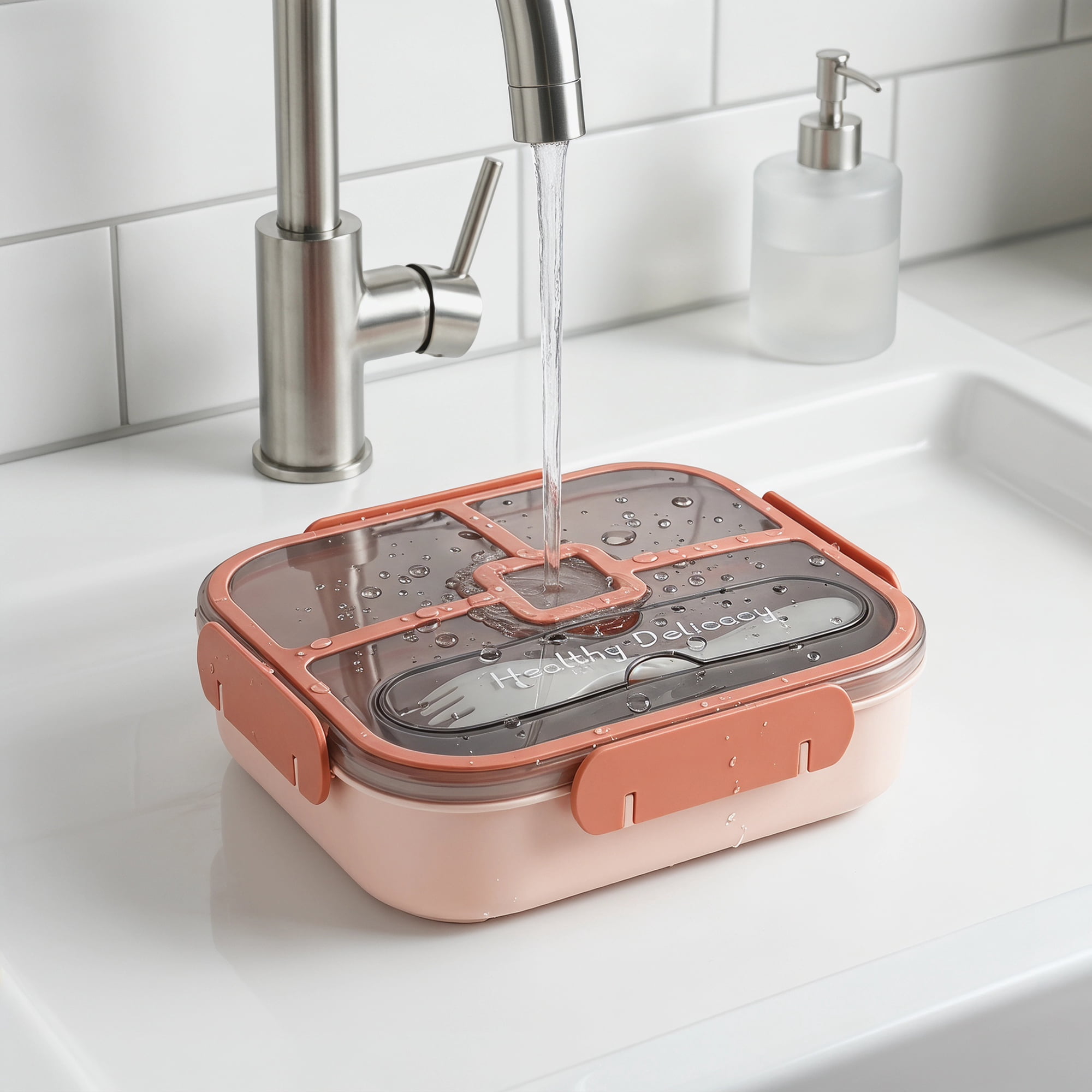 Unique Bargains Bento Lunch Box with Built-in Cutlery Slot for Work Travel Pink-1
