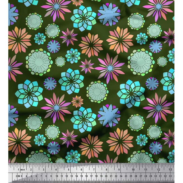 Soimoi Green Poly Georgette Fabric Multicolor Mandala Fabric Prints By Yard 42 Inch Wide