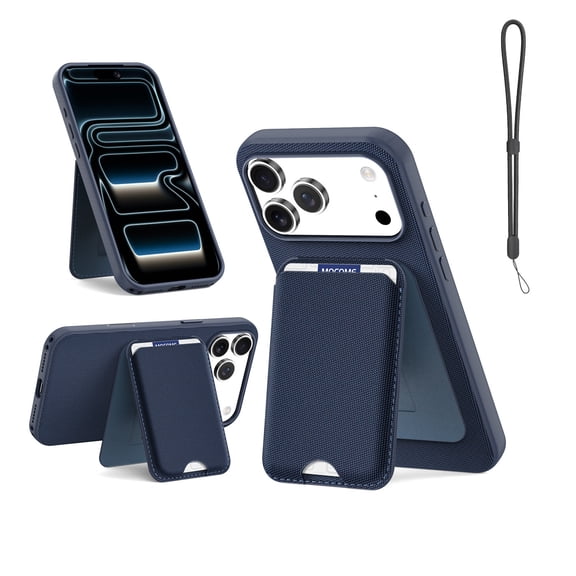 Mynvo Case for iPhone 17 Pro with Wrist Strap, PU Leather Wallet Case with Card Holder Support Wireless Charging Shockproof Magnetic Back Cover for Women Men, Blue