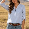 thumbnail image 2 of KyCheLot Women's Stripe Shirts Solid Color Button V Neck Rolled Half Sleeve Shirts Fashion Comfy Casual Blouses, 2 of 8
