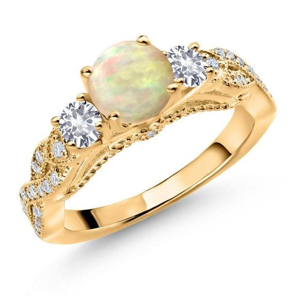 Gem Stone King 18K Yellow Gold Plated Silver White Ethiopian Opal White Created Sapphire and White Moissanite Engagement Ring for Women (1.09 Cttw, Gemstone, Round Cabochon 6MM and 3MM, Size 5)