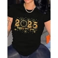 thumbnail image 1 of Camiseta informal de cuello redondo para mujer, mezcla de algodón, elasticidad media, tejido de punto, con estampado de fuegos artificiales de Nochevieja 2025, para primavera/verano/otoño, ideal para, 1 of 7