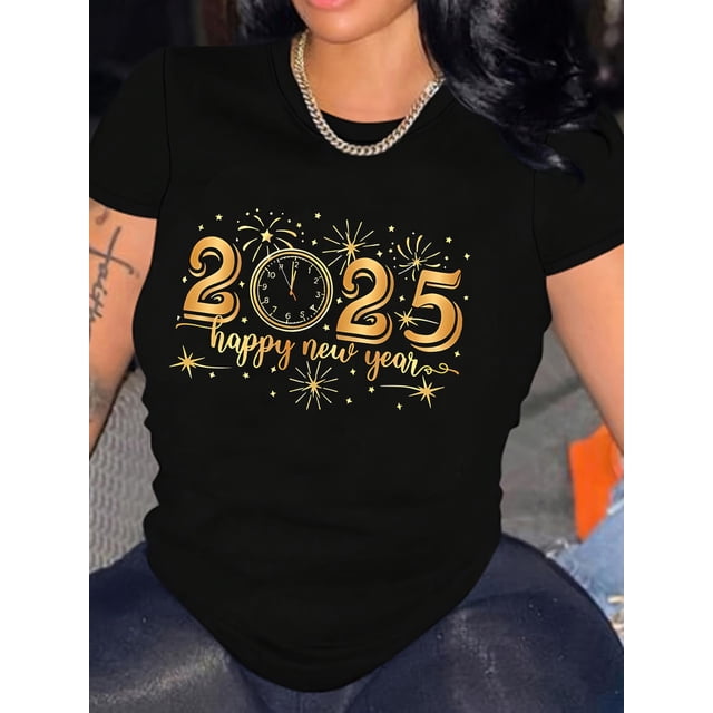 Camiseta informal de cuello redondo para mujer, mezcla de algodón, elasticidad media, tejido de punto, con estampado de fuegos artificiales de Nochevieja 2025, para primavera/verano/otoño, ideal para