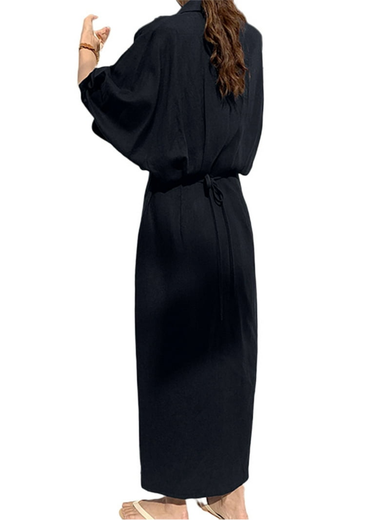 ZANZEA Women Full Sleeve V-Neck Lapel Collar Wrap Dress Long Dresses -  Walmart.com